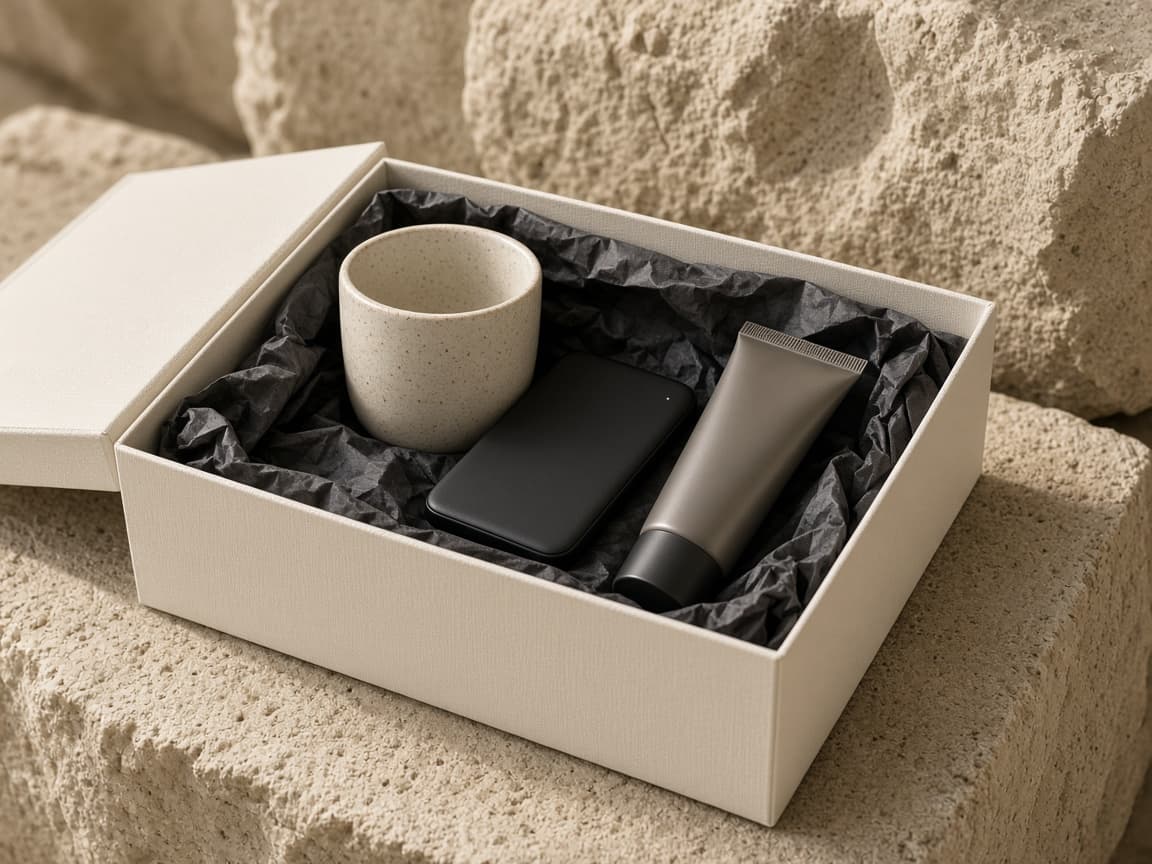 An opened ivory box showing a ceramic cup, a charger, and a skincare tube